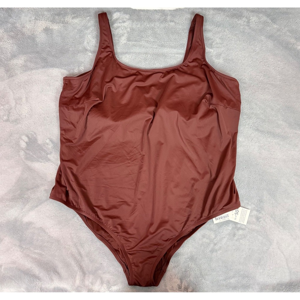 Amazon Essentials Women 5X Deep Brown One Piece Swimsuit UPF 50+ Scoop Neck NWT